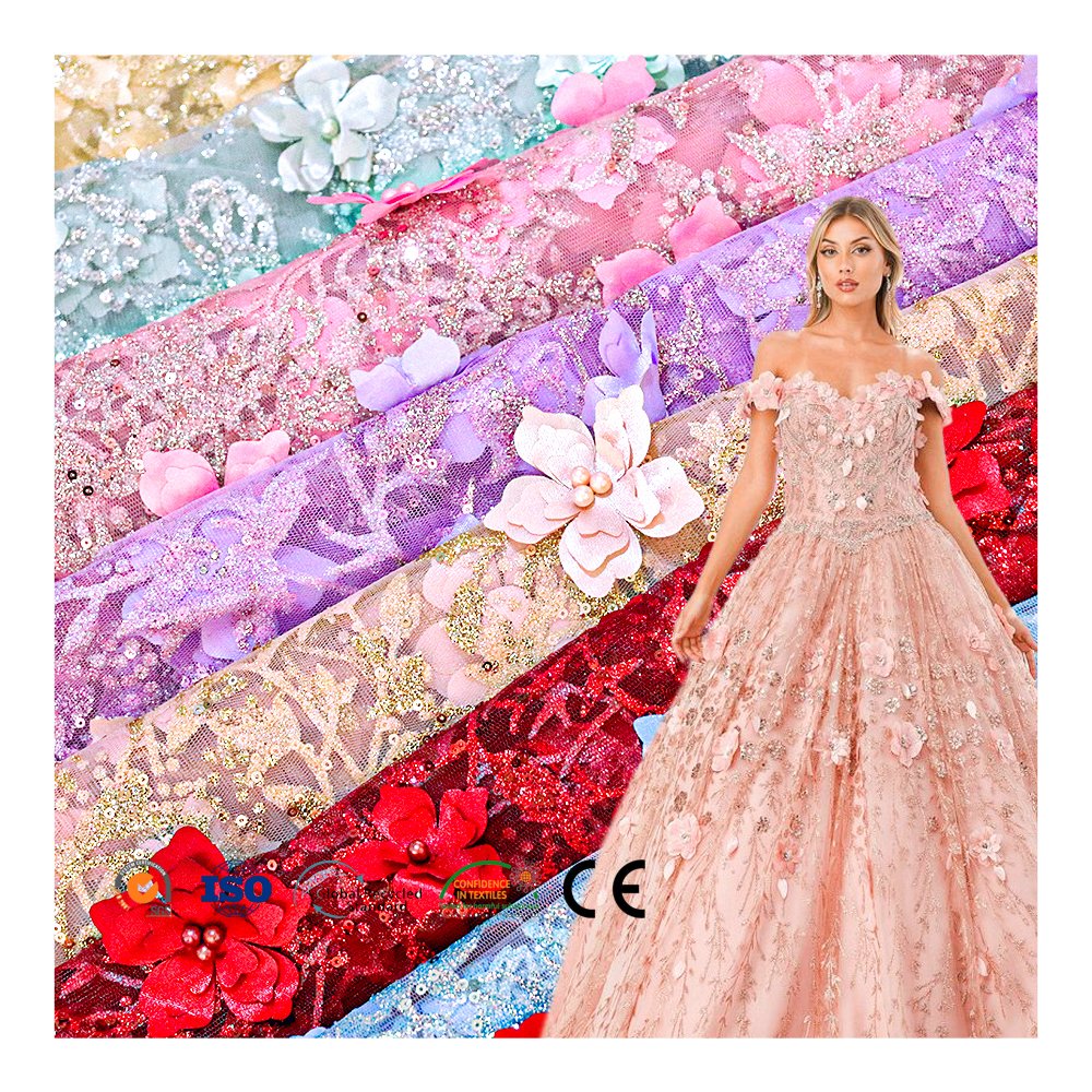 Multi-Color 3D Embroidery Fabric 100% Polyester 3D Flower Lace Fabric For Dress