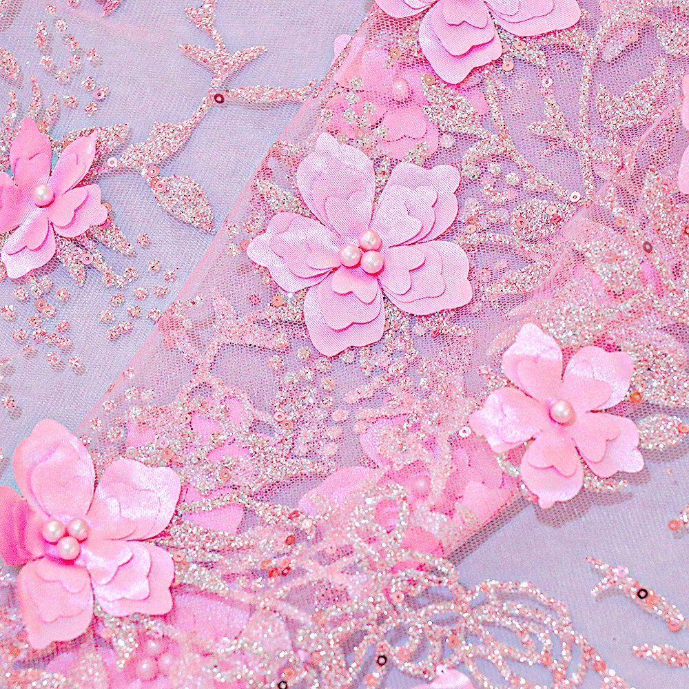Multi-Color 3D Embroidery Fabric 100% Polyester 3D Flower Lace Fabric For Dress