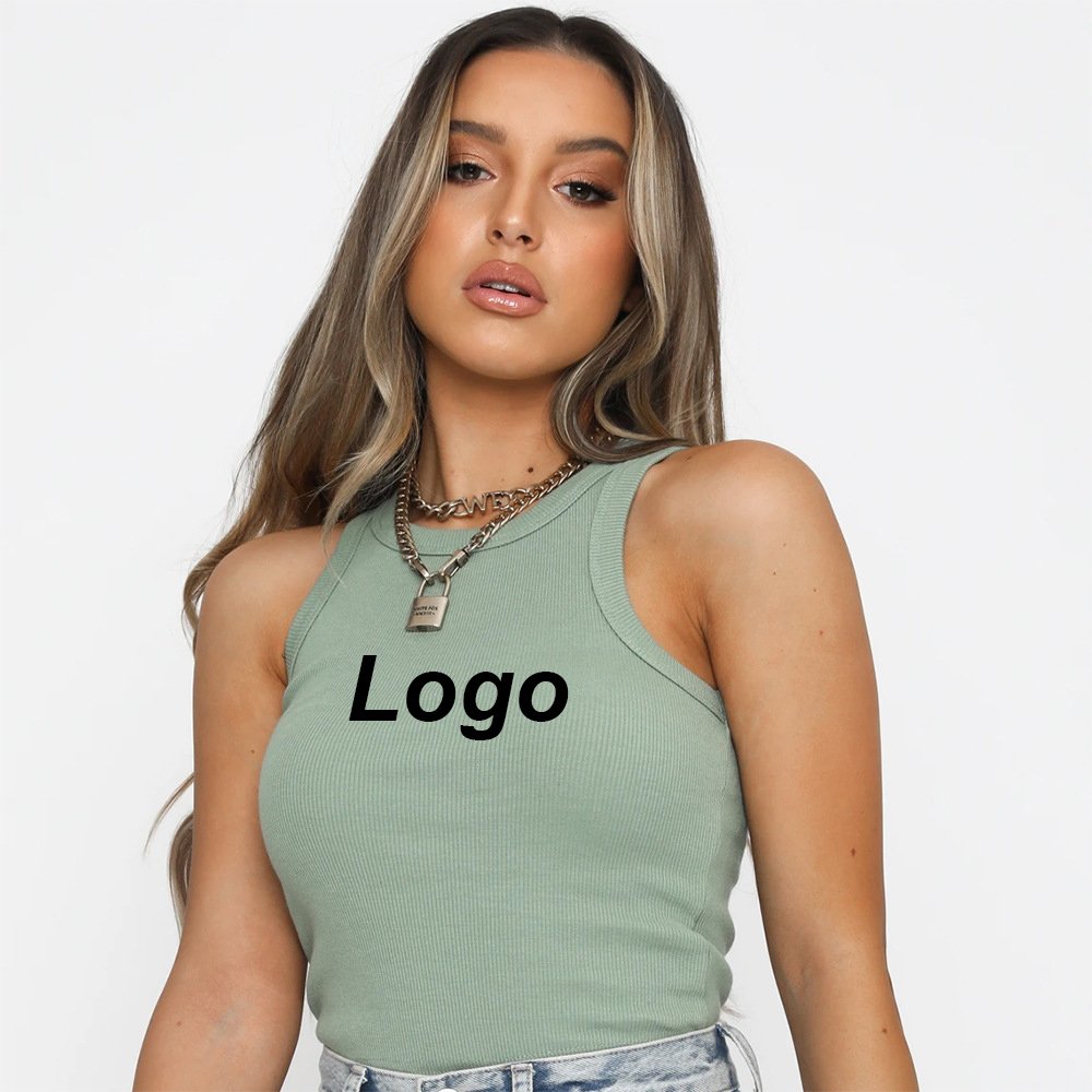 Customizable Women's Solid White Ribbed Crop Tops Square Collar Singlet Sustainable Short Ribbed Cropped Singlet