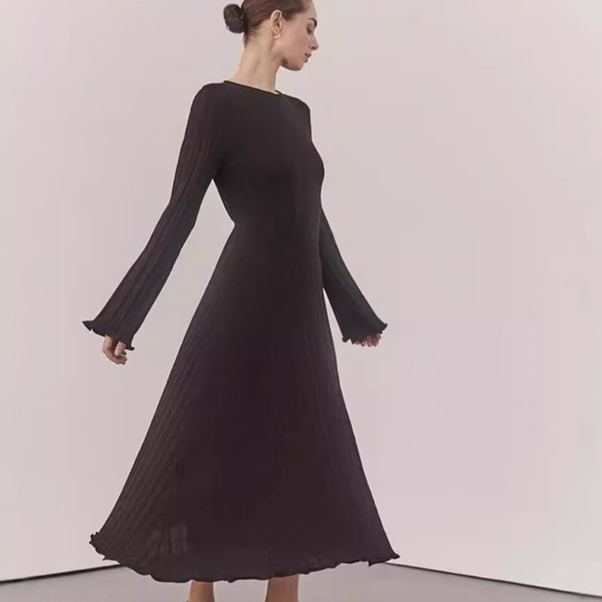 High Quality Custom Women's Pullover Maxi Dress Ribbed Flare Long Sleeve with Collar Back Lace Knitted Casual Autumn Season