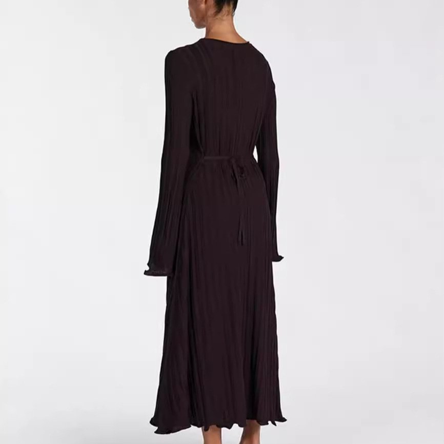 High Quality Custom Women's Pullover Maxi Dress Ribbed Flare Long Sleeve with Collar Back Lace Knitted Casual Autumn Season
