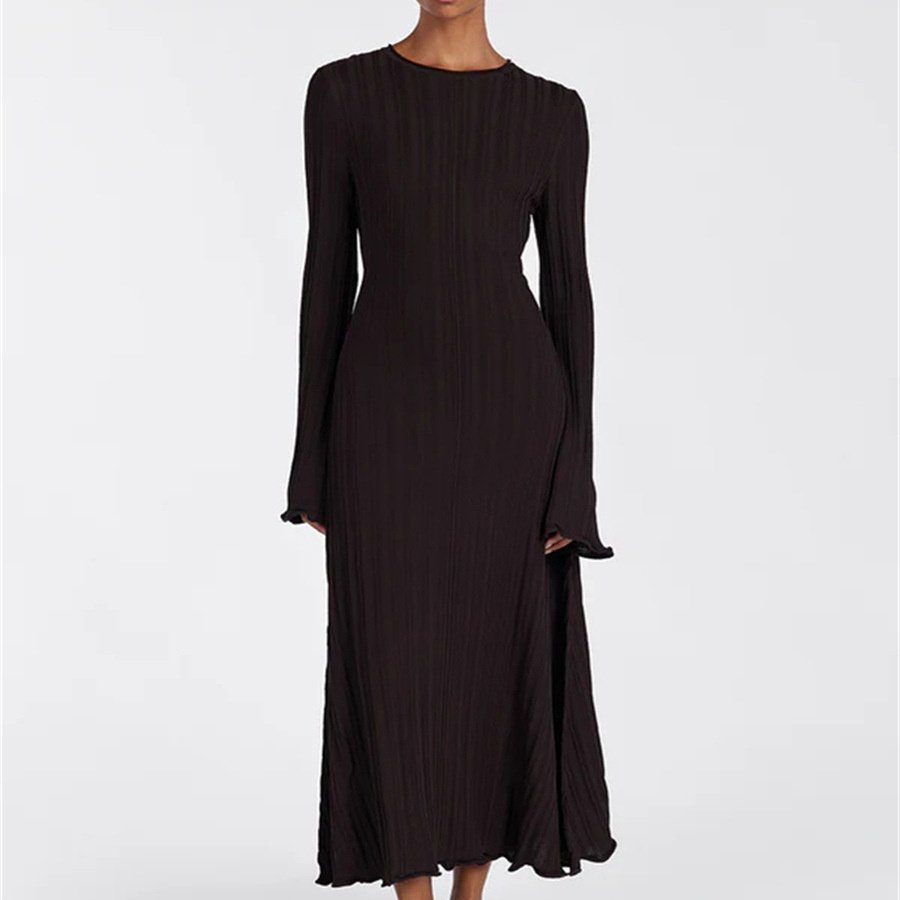 High Quality Custom Women's Pullover Maxi Dress Ribbed Flare Long Sleeve with Collar Back Lace Knitted Casual Autumn Season
