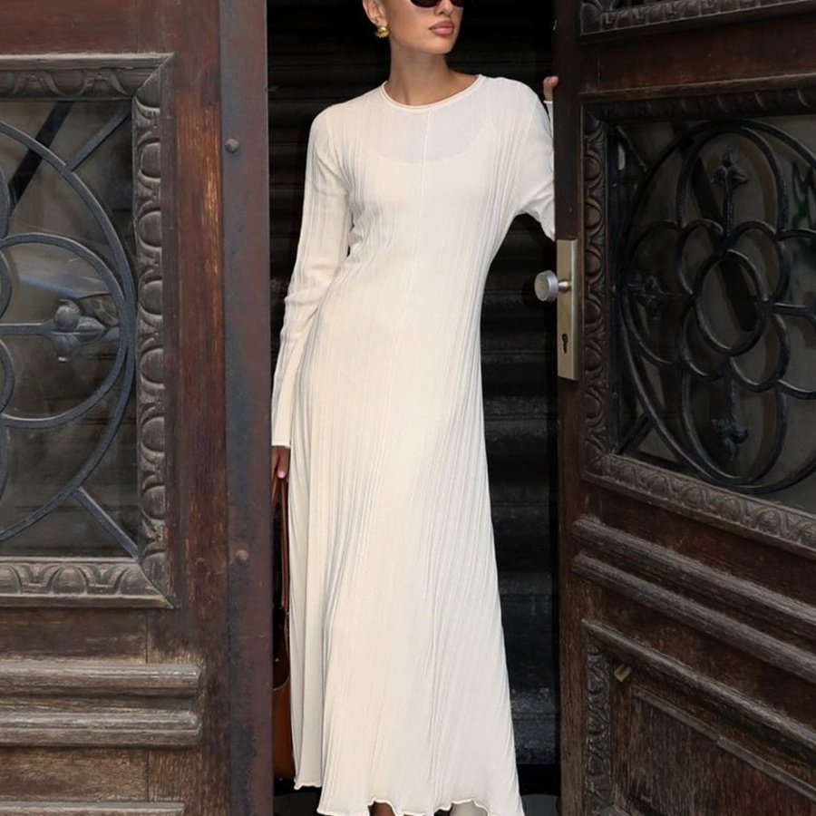 High Quality Custom Women's Pullover Maxi Dress Ribbed Flare Long Sleeve with Collar Back Lace Knitted Casual Autumn Season