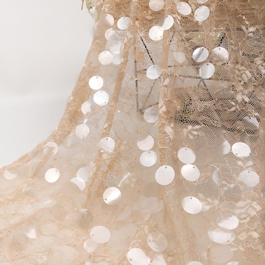 Light 18mm Large Spangle Embroidery Nylon Lace Ground Transparent Sequin Fabric for Wedding Dress Bridal Gown