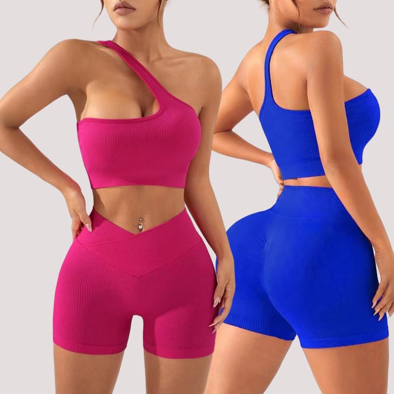 Women Ribbed Slanted Shoulder Top V Waist Shorts Yoga Suit Lady Scrunch Butt Abdomen Gym Sets Female Open Back Crop Sports Suit