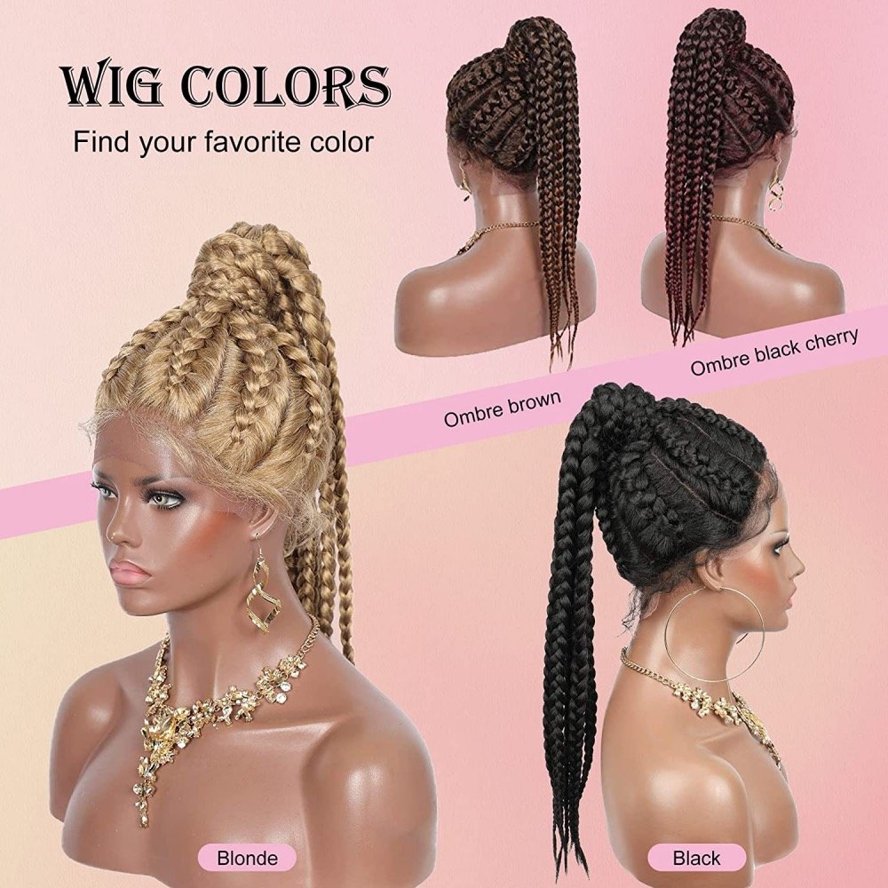 Jennifer Wholesale New 8 Parts Braids Ponytail Wigs Corn Row Box Synthetic Lace Front Wigs Soft Knotless Fiber Hair Braid Wigs