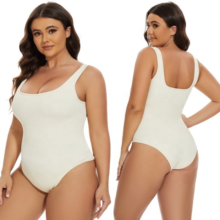 Women Sexy Ribbed Sleeveless Square Neck Jumpsuits Slim Full Body Briefs Shapewear Tummy Control Tops Seamless Bodysuit