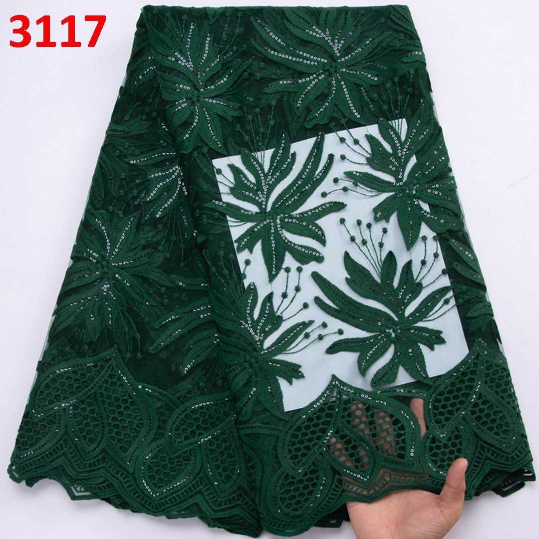 3117 Green African Lace Fabric Nigerian Fabric 5 Yards High Quality French Mesh Lace with Sequins for Party Bridal Wedding Dress