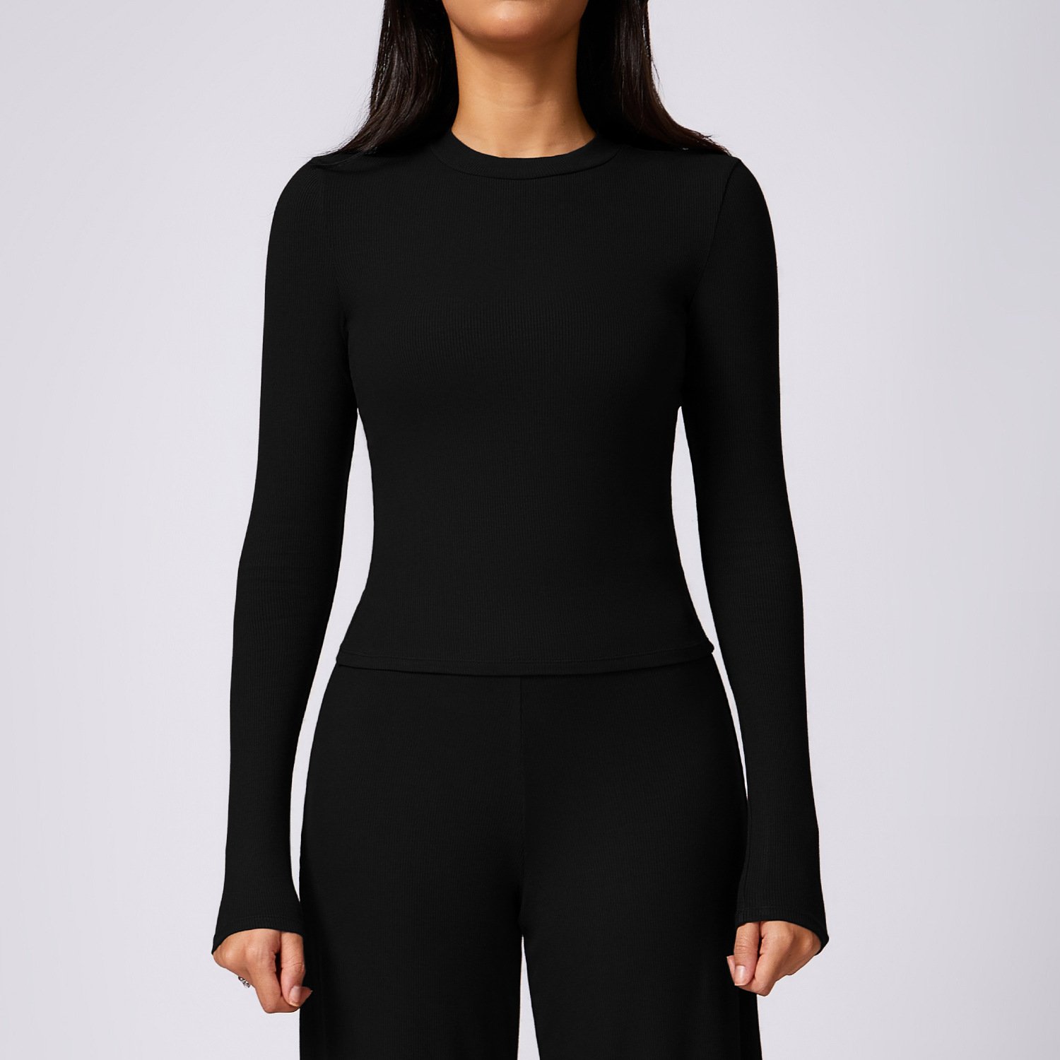Women Ribbed Round Neck Yoga Sports Tee Lady Tight Quick Dry Gym Shirt Female Long Sleeve High Stretch Running T Shirt