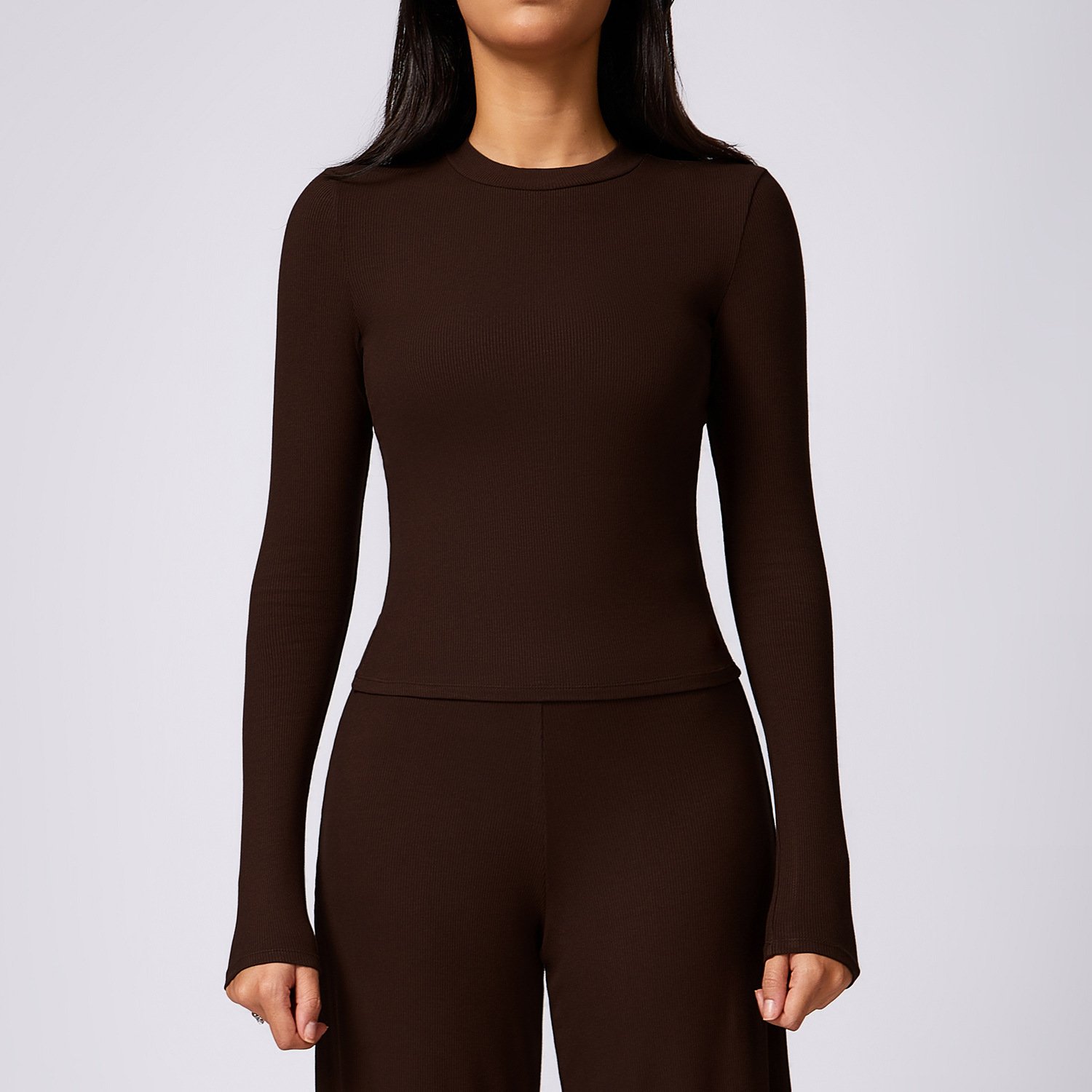 Women Ribbed Round Neck Yoga Sports Tee Lady Tight Quick Dry Gym Shirt Female Long Sleeve High Stretch Running T Shirt