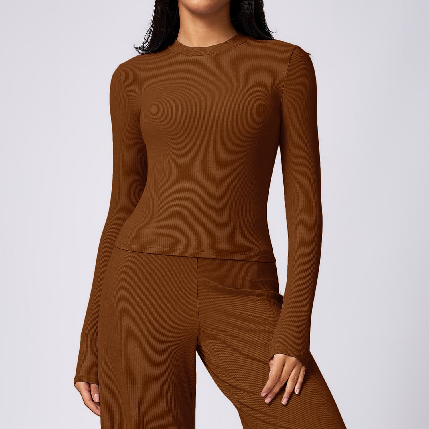 Women Ribbed Round Neck Yoga Sports Tee Lady Tight Quick Dry Gym Shirt Female Long Sleeve High Stretch Running T Shirt