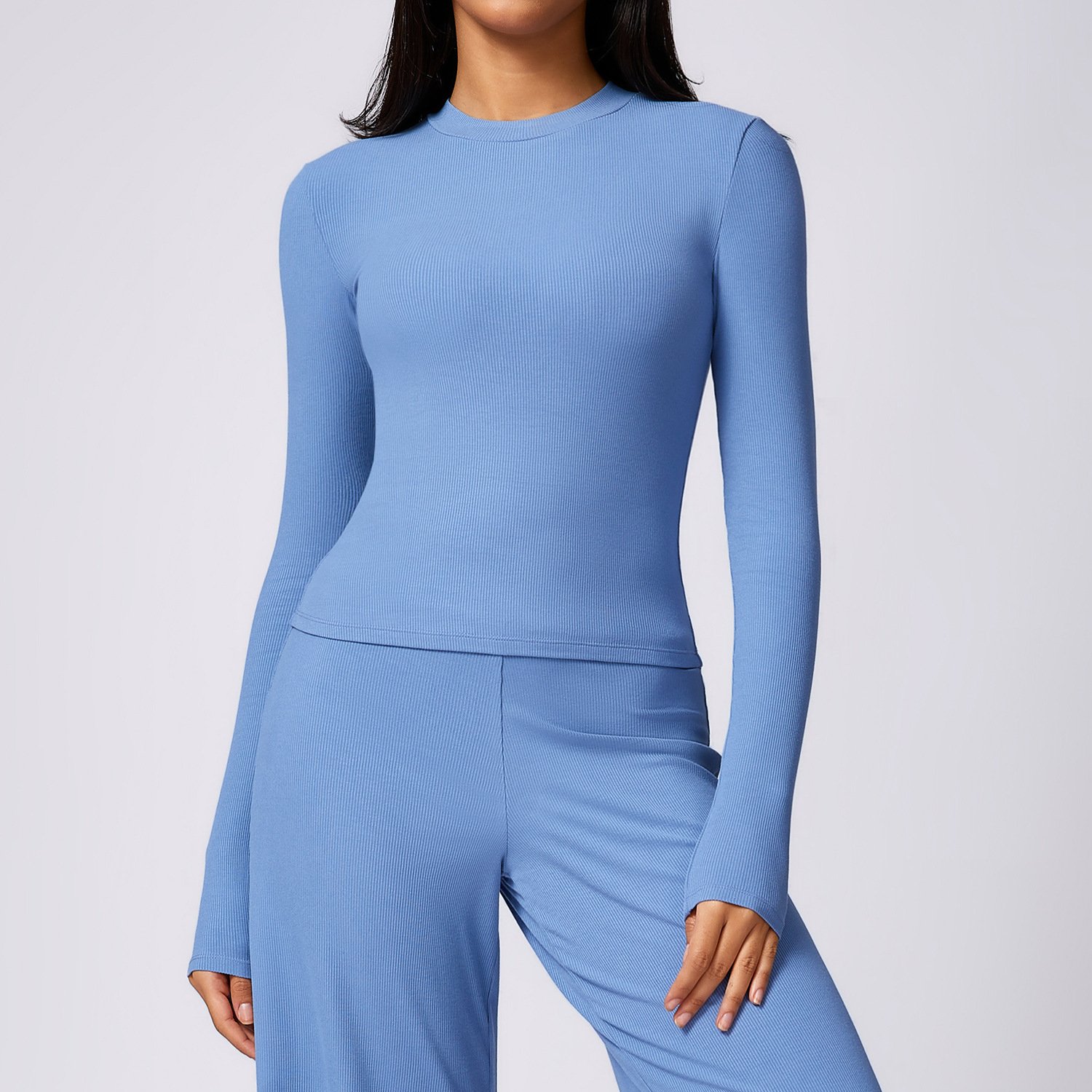 Women Ribbed Round Neck Yoga Sports Tee Lady Tight Quick Dry Gym Shirt Female Long Sleeve High Stretch Running T Shirt