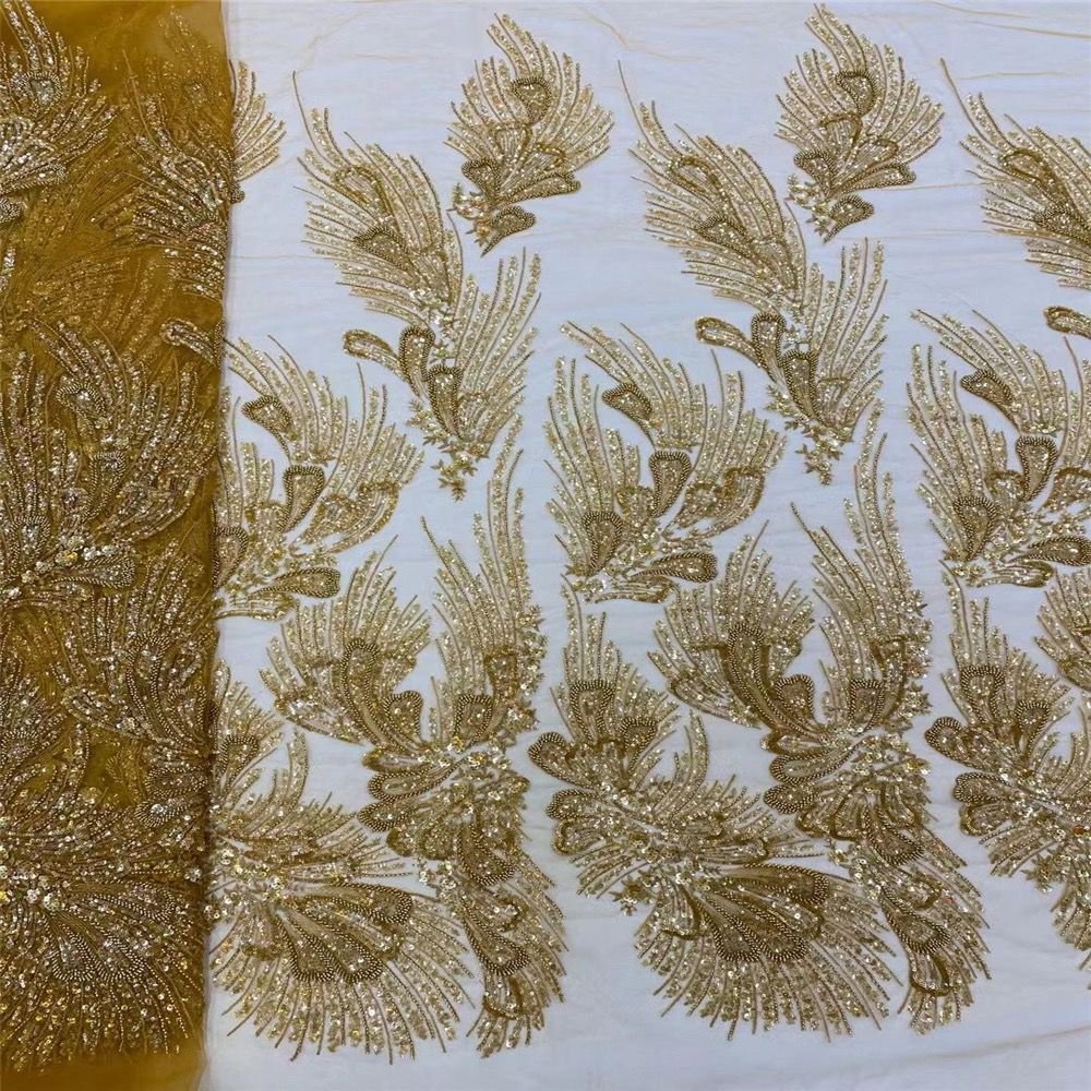 golden supplier sequins embroidery fabric for party dress, high-end wedding lace fabric for party/