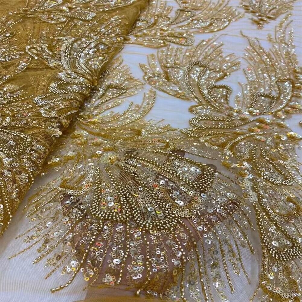 golden supplier sequins embroidery fabric for party dress, high-end wedding lace fabric for party/