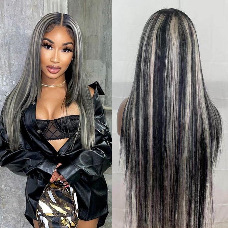 Wosheng Hair Wig Highlight Grey Straight Lace Front Closure Wigs Human Hair Platinum Blonde Highlight Wig Brazilian