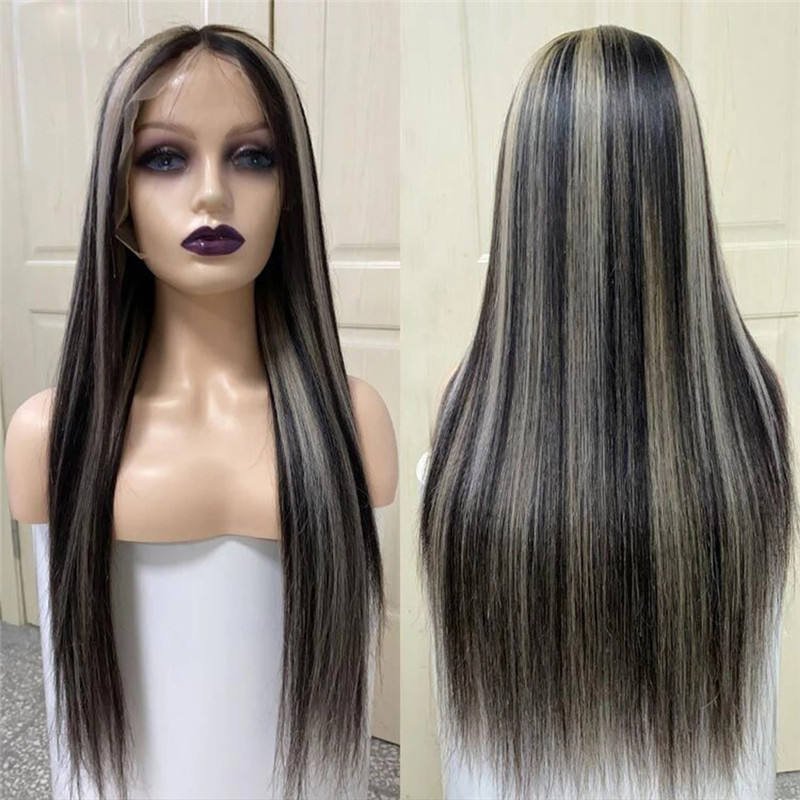 Wosheng Hair Wig Highlight Grey Straight Lace Front Closure Wigs Human Hair Platinum Blonde Highlight Wig Brazilian