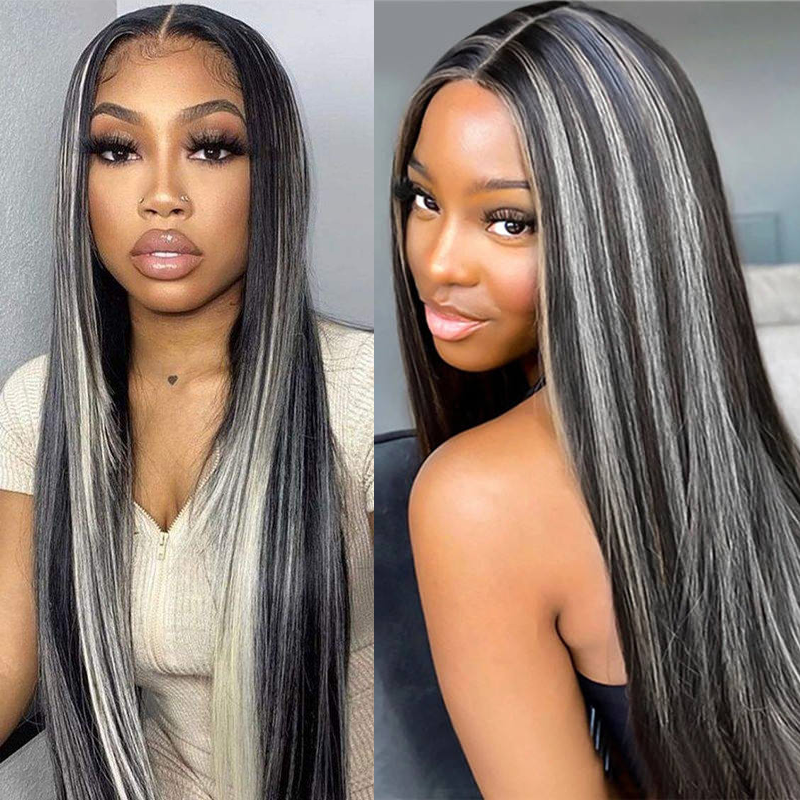 Wosheng Hair Wig Highlight Grey Straight Lace Front Closure Wigs Human Hair Platinum Blonde Highlight Wig Brazilian