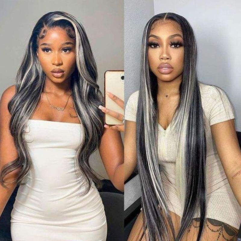 Wosheng Hair Wig Highlight Grey Straight Lace Front Closure Wigs Human Hair Platinum Blonde Highlight Wig Brazilian