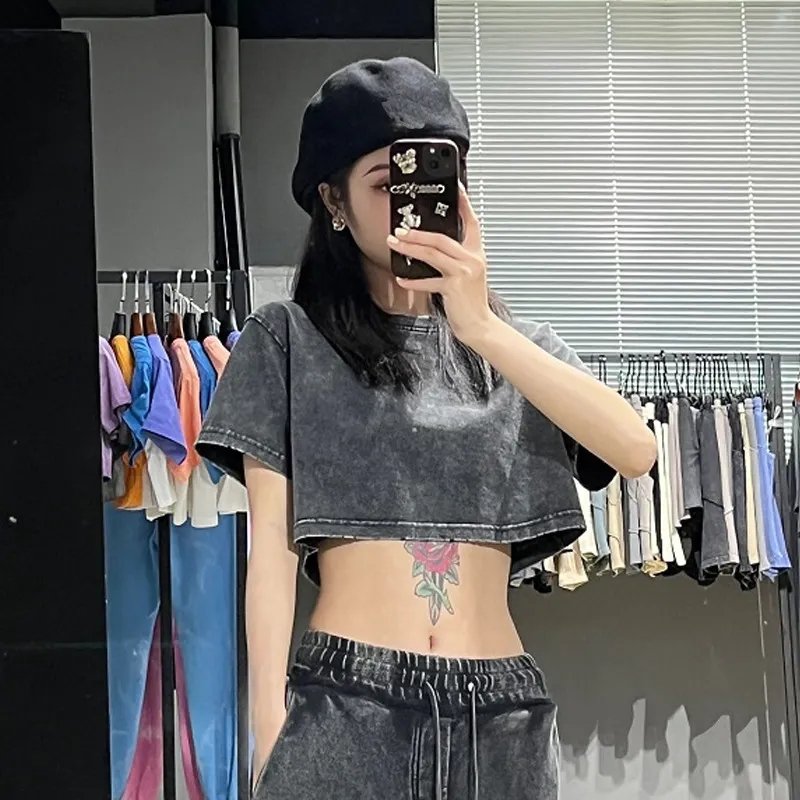Wholesale Custom Cotton Sexy Casual Acid Wash Print Short Navel Cropped Crop Tops For Women Crop Top T shirt
