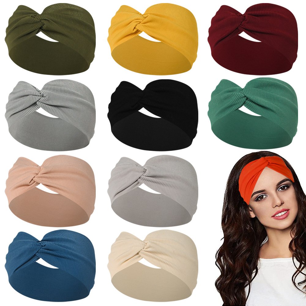 Solid Color Soft Elastic Stretchy Hair Band Sport Yoga Women Wide Twist Knotted Cross Knit Ribbed Headband