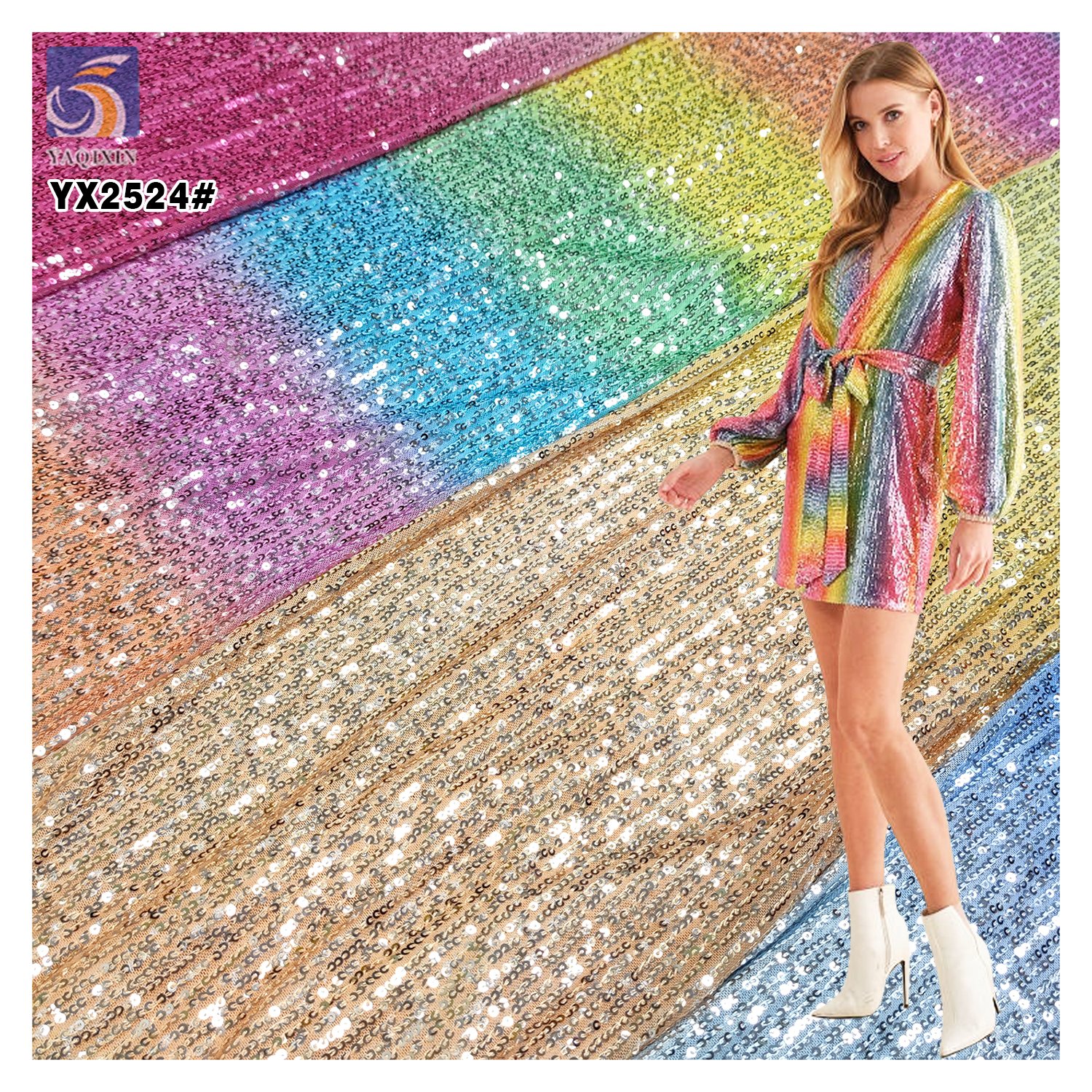 Latest 2024 Digital Print Rainbow Gradient Ombre Sequin Fabric Mesh Stripe Embroidery Glitter Sequin Fabric