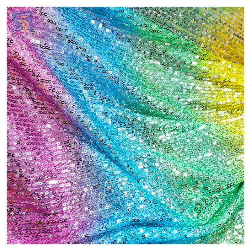 Latest 2024 Digital Print Rainbow Gradient Ombre Sequin Fabric Mesh Stripe Embroidery Glitter Sequin Fabric