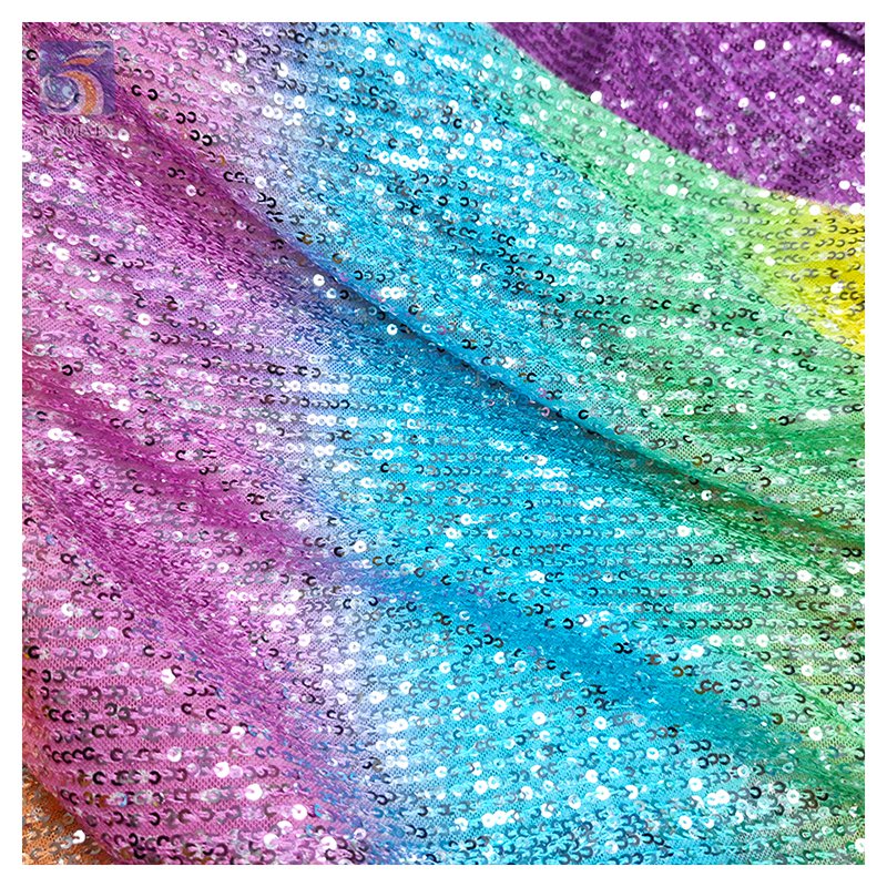 Latest 2024 Digital Print Rainbow Gradient Ombre Sequin Fabric Mesh Stripe Embroidery Glitter Sequin Fabric