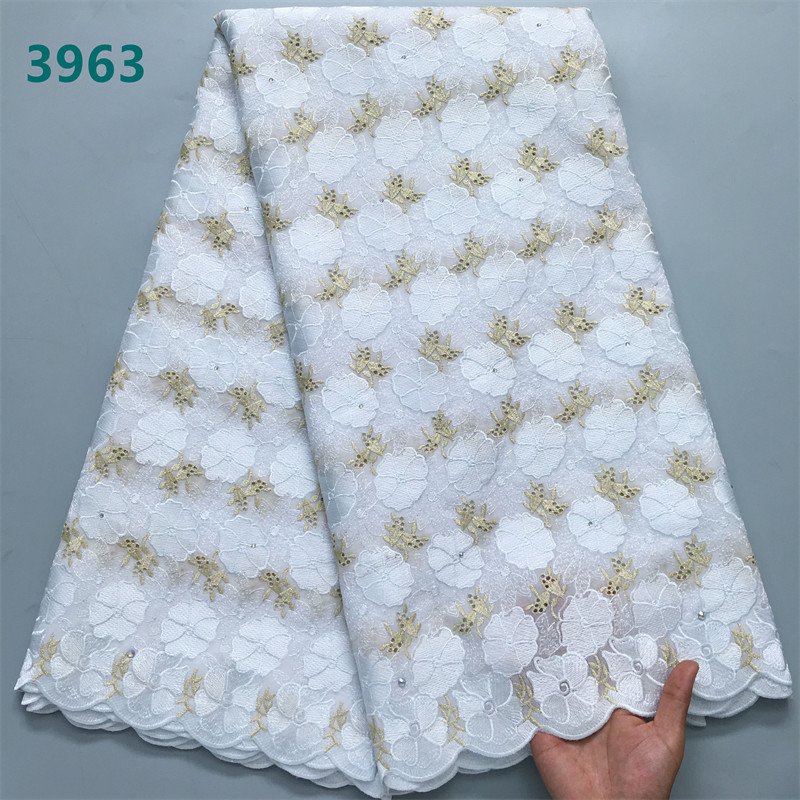 Nigerian Cotton Lace Fabric Swiss Voile Lace 2024 High Quality African Stones Cotton for Women Wedding Dresses 3963