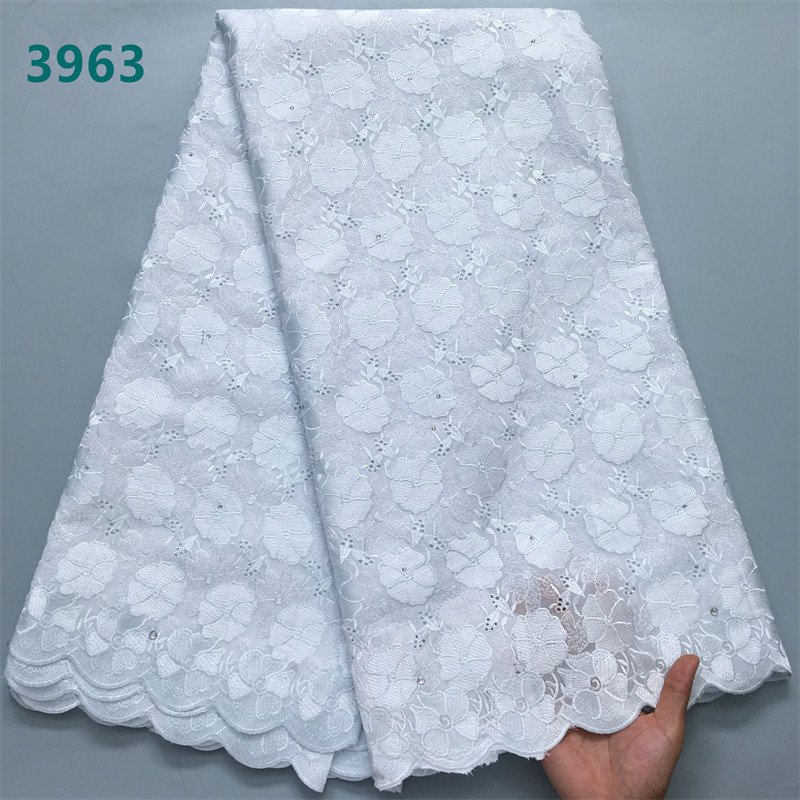 Nigerian Cotton Lace Fabric Swiss Voile Lace 2024 High Quality African Stones Cotton for Women Wedding Dresses 3963
