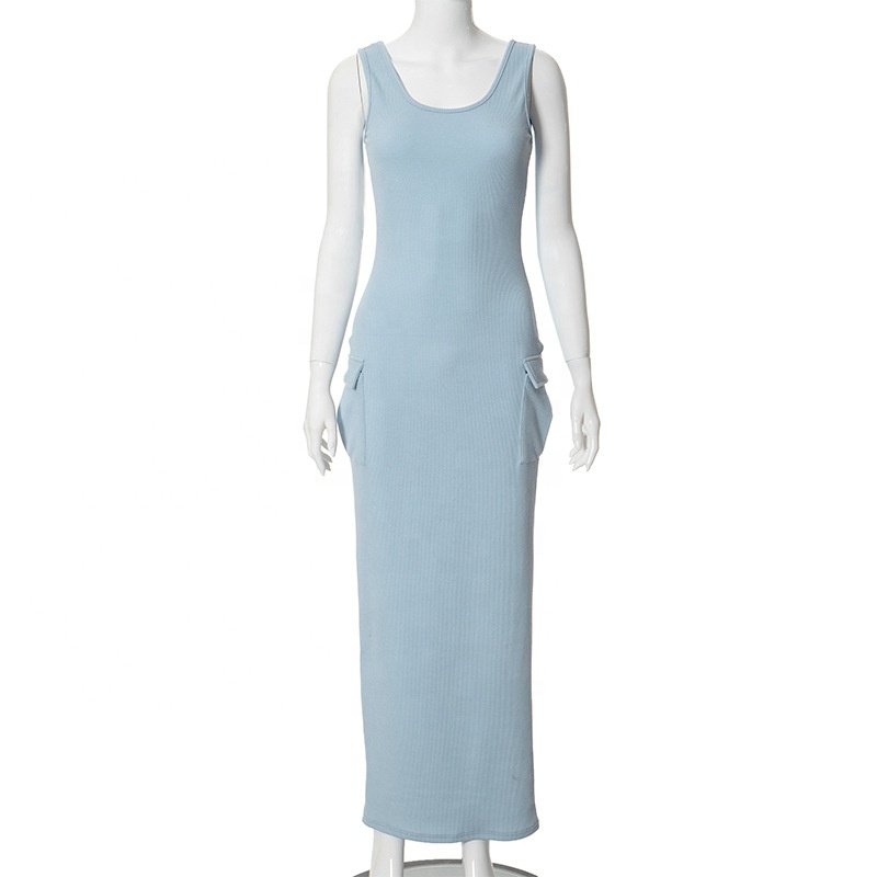 X10107C Knit Ribbed Solid Maxi Dresses Women Casual Low Cut Sleeveless Side Pockets Bodycon Dress 2024 Spring Vintage Streetwear