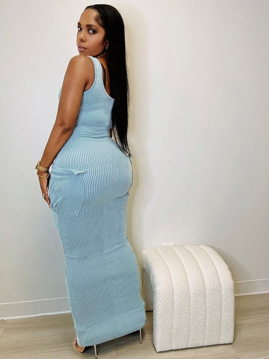 X10107C Knit Ribbed Solid Maxi Dresses Women Casual Low Cut Sleeveless Side Pockets Bodycon Dress 2024 Spring Vintage Streetwear