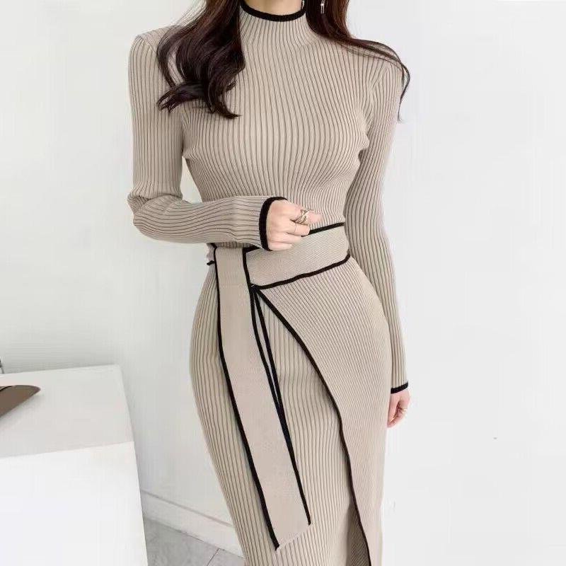 2024 Ruffled Patchwork Knit Maxi Dress Elegant Ribbed Long Sleeve Party Dress Gown Slim Knitwear Fashion Long Dress for Women