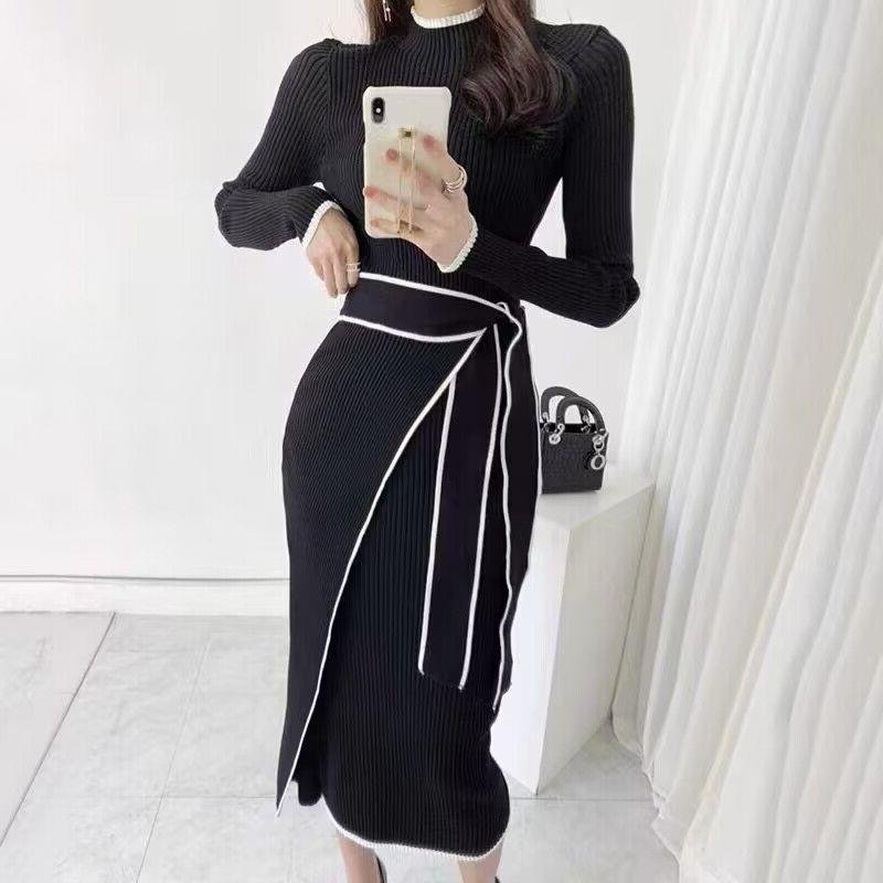 2024 Ruffled Patchwork Knit Maxi Dress Elegant Ribbed Long Sleeve Party Dress Gown Slim Knitwear Fashion Long Dress for Women