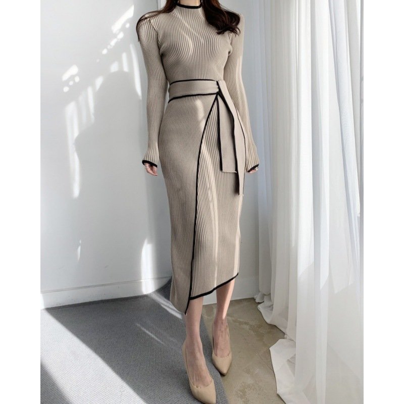 2024 Ruffled Patchwork Knit Maxi Dress Elegant Ribbed Long Sleeve Party Dress Gown Slim Knitwear Fashion Long Dress for Women