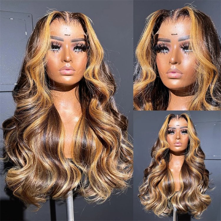 Glueless Cuticle Aligned Raw Wig Piano Color Highlight Body Wave P4\/27 Honey Blonde Hair Wigs 13x4 Transparent Lace Frontal