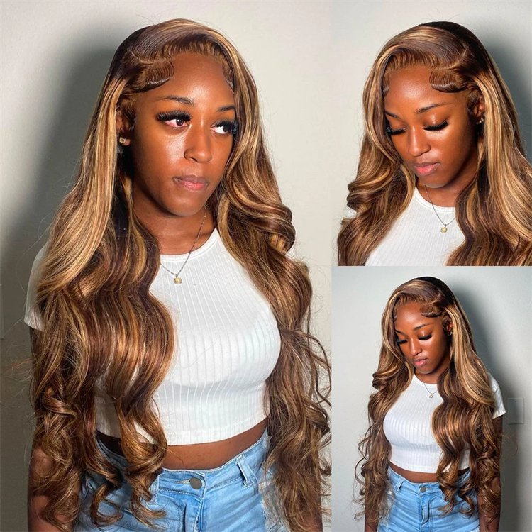 Glueless Cuticle Aligned Raw Wig Piano Color Highlight Body Wave P4\/27 Honey Blonde Hair Wigs 13x4 Transparent Lace Frontal