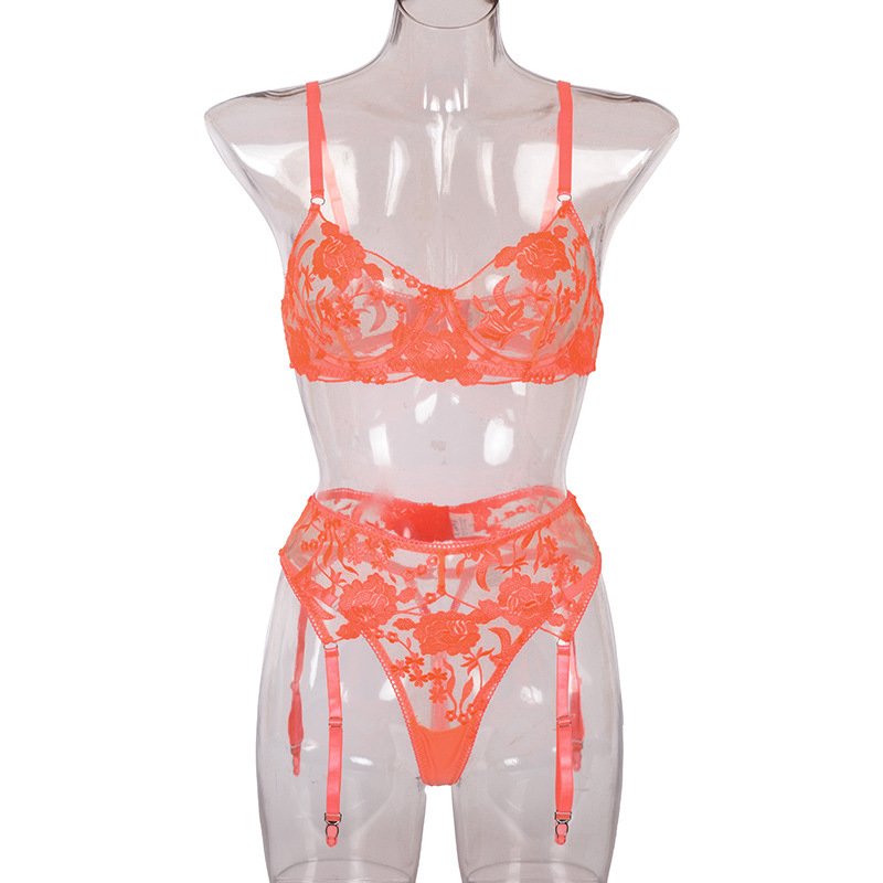 3 Piece Sexy Sexys Women Fluorescent Orange Lace Transparent Embroidery Sustainable Adjustable Strap Ligueros Suit Lingerie Set