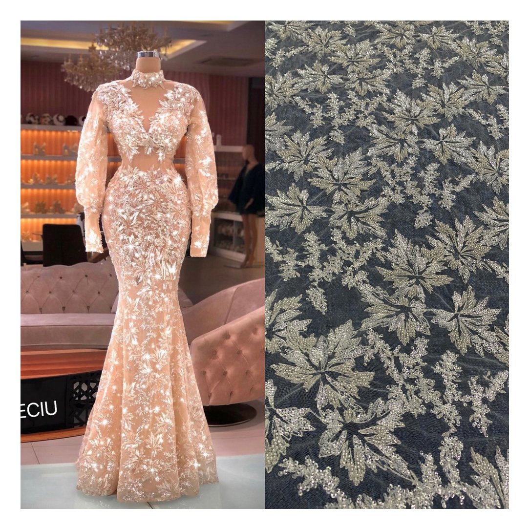 Luxury metallic thread shiny sequins with beaded embroidery lace fabric