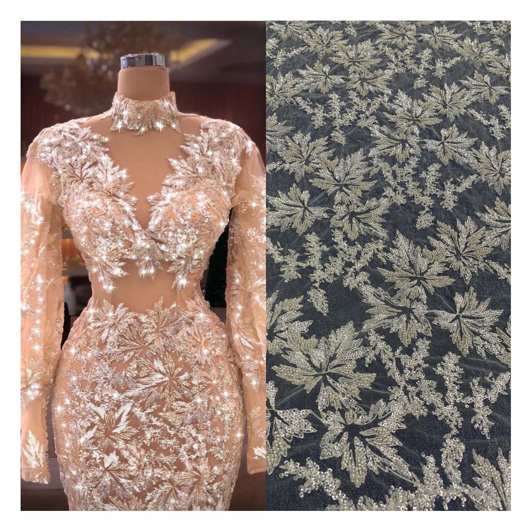 Luxury metallic thread shiny sequins with beaded embroidery lace fabric