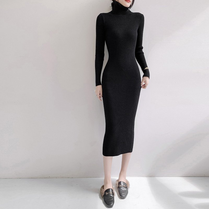 Autumn Winter Pure Color High Neck Long Sleeve Body Fitting Ribbed Knit Maxi Dress Women