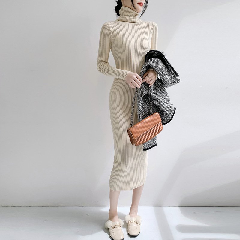 Autumn Winter Pure Color High Neck Long Sleeve Body Fitting Ribbed Knit Maxi Dress Women