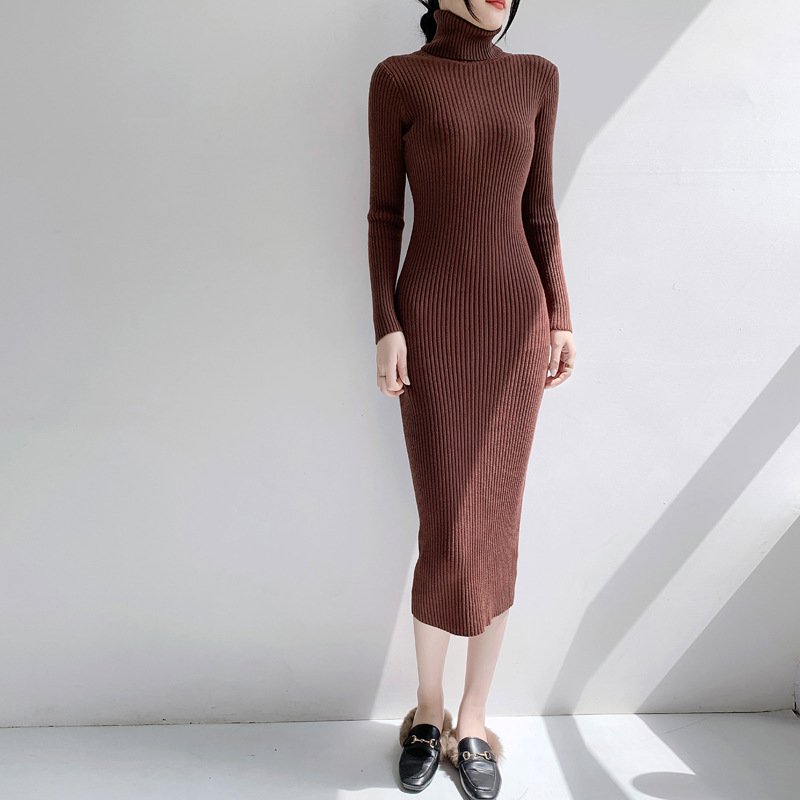 Autumn Winter Pure Color High Neck Long Sleeve Body Fitting Ribbed Knit Maxi Dress Women