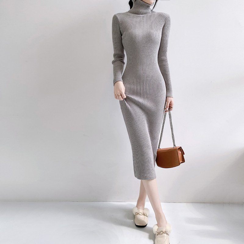 Autumn Winter Pure Color High Neck Long Sleeve Body Fitting Ribbed Knit Maxi Dress Women