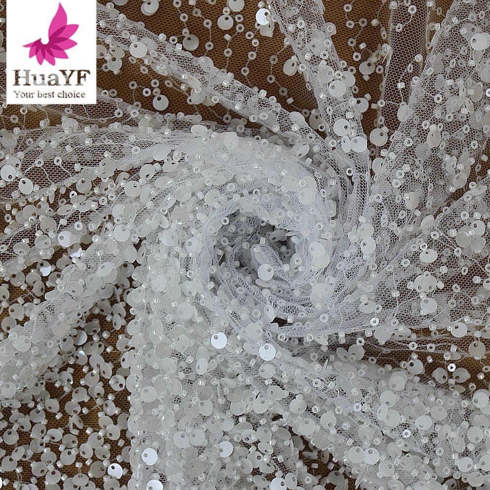 2025 hot pure white african net laces sequins beaded lace fabric wedding bridal embroidery fabrics shining dress HY1959