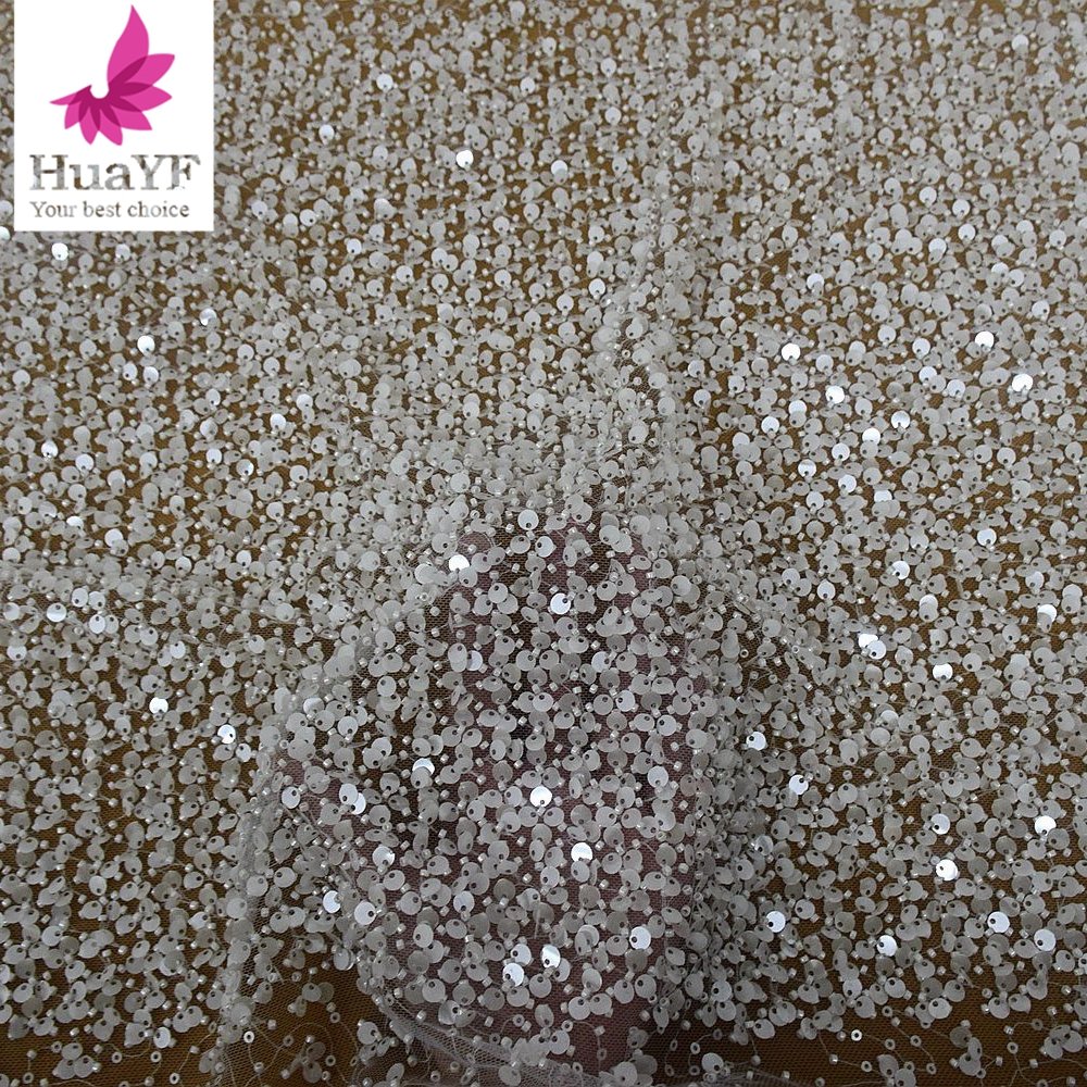 2025 hot pure white african net laces sequins beaded lace fabric wedding bridal embroidery fabrics shining dress HY1959