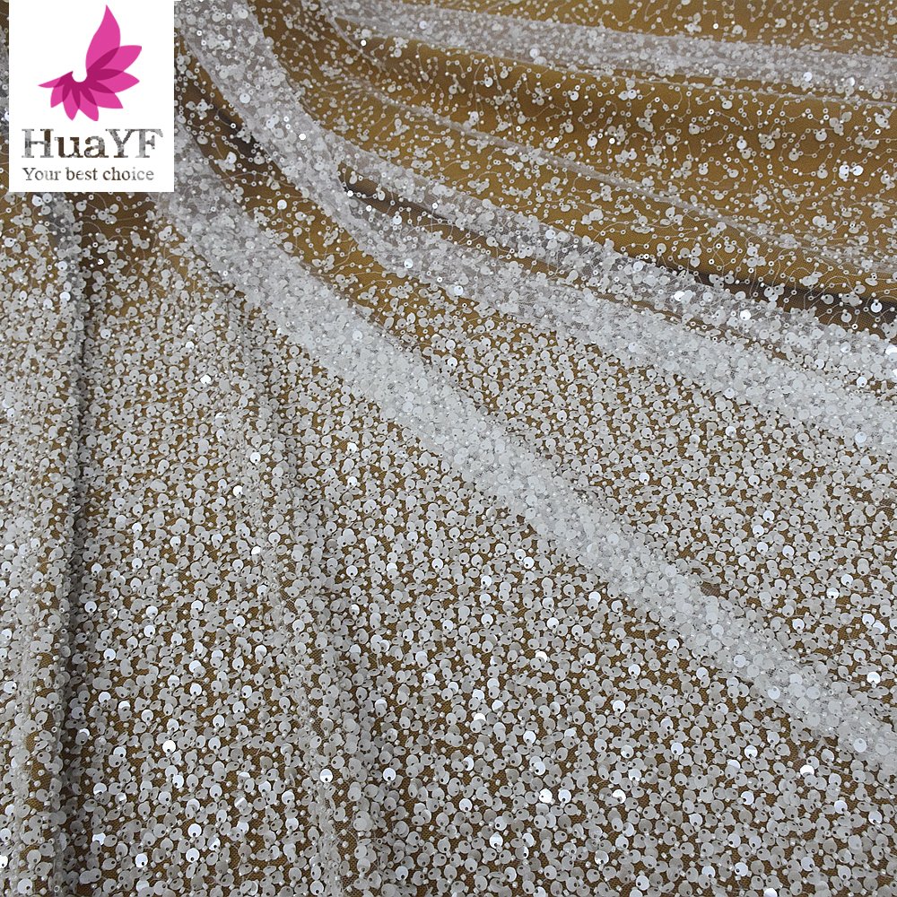 2025 hot pure white african net laces sequins beaded lace fabric wedding bridal embroidery fabrics shining dress HY1959