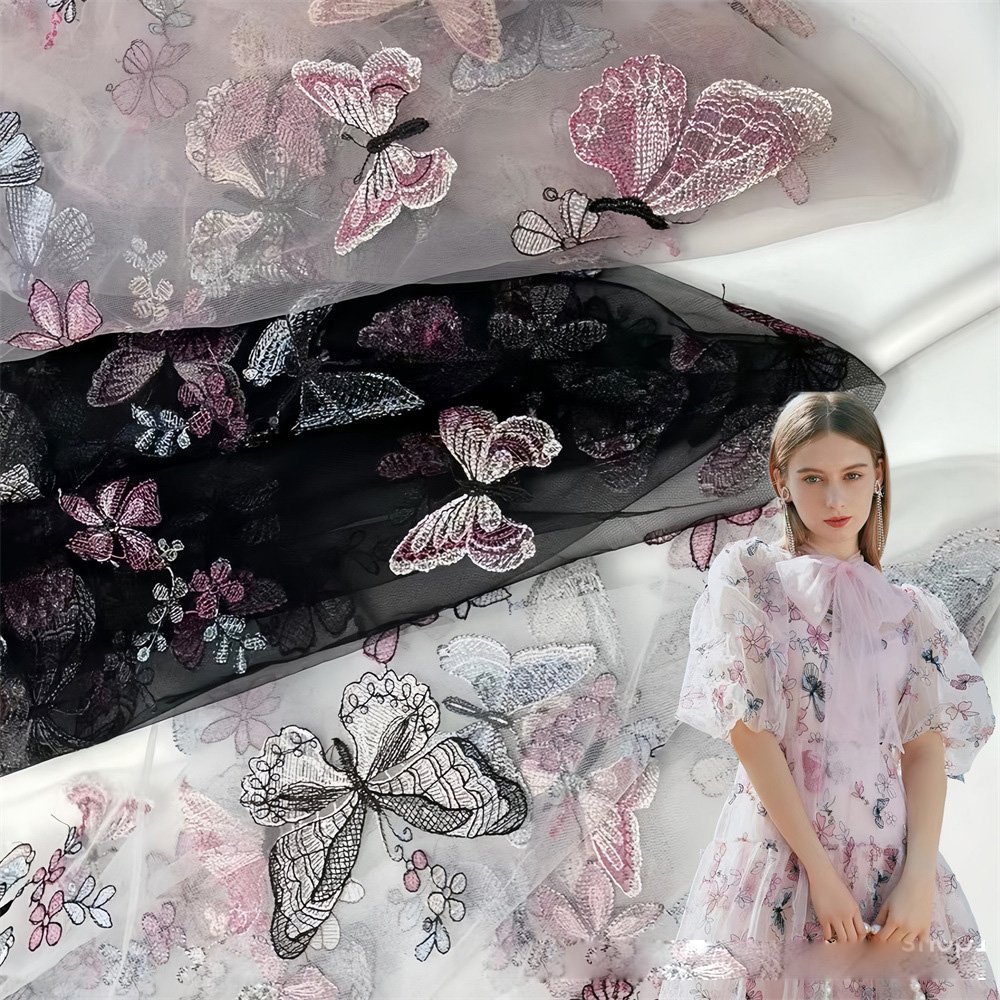 New Products Popular Pink Butterfly lace embroidery sewing lace fabric wedding dresses