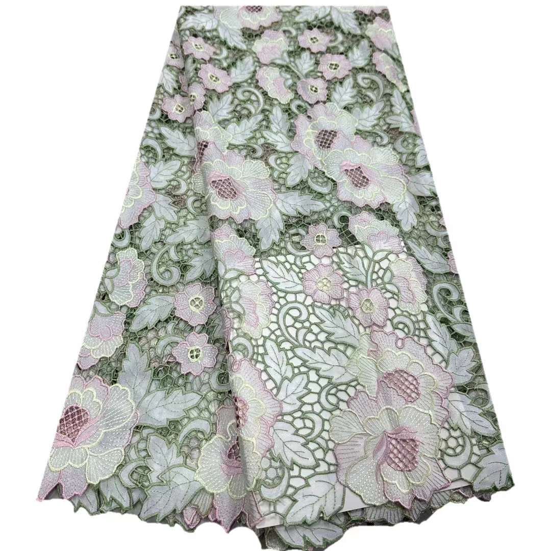 2024 Nigeria Cord Lace Fabric African Comfortable Water Soluble Lace for Dress Fabric Tulle Mesh Fabric Sustainable Embroidered