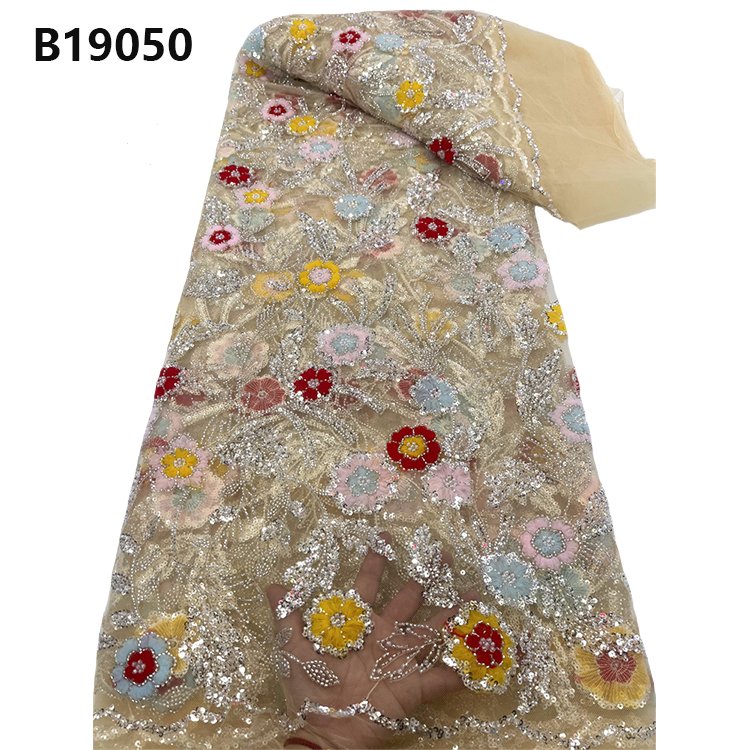 CHOCOO Yellow Color France 3d Floral Embroidered Net Lace Fabric High Quality African Lace Fabric With Beads And Sequin
