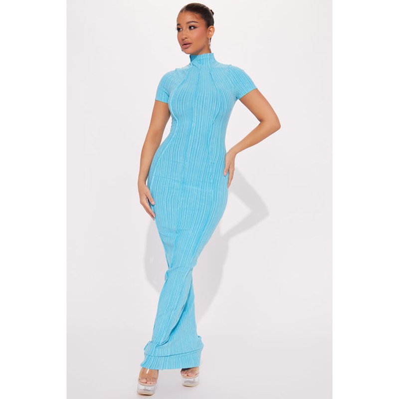 OEM High Quality Manufacturer Short Sleeve Mock Neck Ribbed Women Knitted Causal Dress